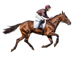 Jockey raiding a horse in jumping pose on isolated background