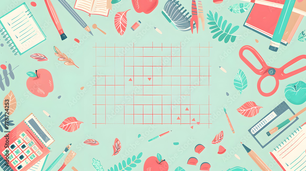 Poster a lovely flat cartoon vector layout with learning materials, grid pattern in the core of the picture