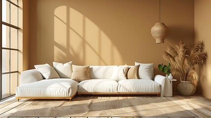 Modern living room with comfortable sofa bathed in natural sunlight casting a shadow on a warm beige wall 