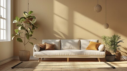 Sunny living room interior with a comfortable sofa and decorative houseplants casting soft shadows on the wall. 