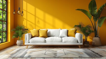 A modern living room with a white couch, yellow cushions, indoor plants, and a bright yellow wall bathed in sunlight, creating a cozy ambiance