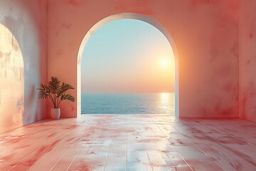 Sunset view from a spacious room with an arched doorway opening to the ocean horizon, conveying a serene ambiance  - obrazy, fototapety, plakaty