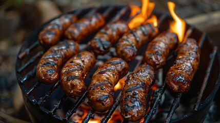 Succulent sausages cooking on a flaming grill outdoors for a tasty barbecue experience. 