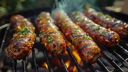 Juicy grilled sausages adorned with herbs cook over an open flame, capturing the essence of outdoor cooking and savory flavors.  - obrazy, fototapety, plakaty