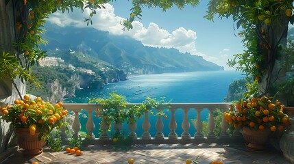 A picturesque balcony view overlooking a serene blue sea with lush green cliffs and vibrant orange trees under a clear sky. - Powered by Adobe