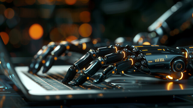 Shiny black metallic robot hands typing on laptop keyboard. Futuristic artificial intelligence concept. 