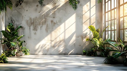 An empty room with sun rays shining through large windows onto a concrete wall with green potted plants. 