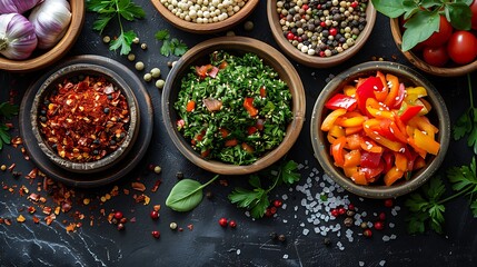Assorted fresh herbs and spices in wooden bowls on a dark background, perfect for culinary concepts. 