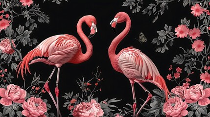 Elegant flamingos amidst blooming flowers against a dark background for a striking visual contrast perfect for a variety of design uses 