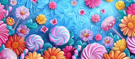 Vibrant lollipops and flowers in shades of pink, magenta, and aqua pop against an azure background, creating a beautiful and colorful display of natureinspired art
