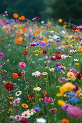 A colorful meadow of various wildflowers under a gentle rain creates a tranquil and vibrant natural scene. 
