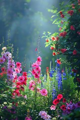 Sun-kissed garden with vibrant flowers in full bloom against a mystical backdrop of light and shadows, perfect for a tranquil nature theme 