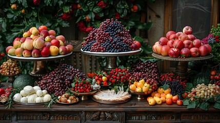 An extravagant display of fresh fruit elegantly arranged on decorative pedestals amidst lush...