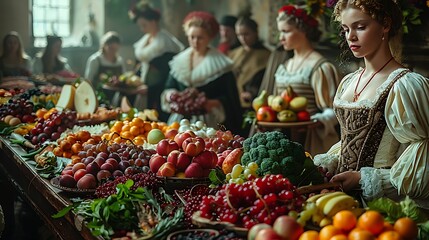 A lavish Renaissance banquet scene with an elegantly dressed woman and an abundance of fresh fruits and vegetables on a sumptuous table setting.  - obrazy, fototapety, plakaty