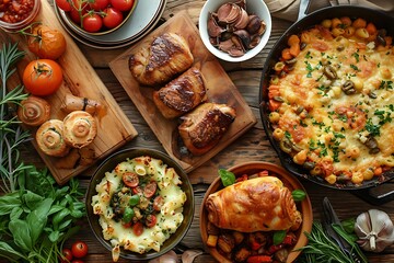 A hearty and appetizing spread of various dishes and ingredients on a rustic wooden table perfect for a food blog or menu design. - obrazy, fototapety, plakaty
