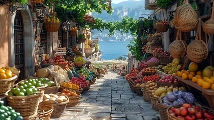 Foto op Plexiglas A picturesque cobblestone street lined with vibrant fruit and vegetable stands overlooking a serene coastal view. © Dionysus