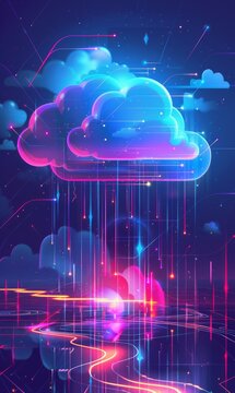 Futuristic technology concept, cloud computing concept. Technological interface and clouds. On dark background.