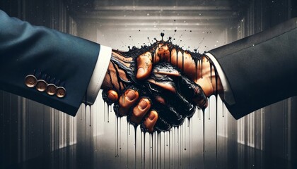 Oily handshake in suits expresses conflict - Two businessmen in suits shaking hands with one hand covered in oil symbolizing conflict or corruption The gritty texture emphasizes tension - obrazy, fototapety, plakaty