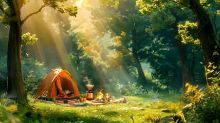 A cozy campsite nestled deep in a sun-dappled forest - obrazy, fototapety, plakaty