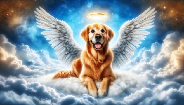 Golden retriever with angel wings in sky - A serene golden retriever with majestic wings sits on clouds against a vivid sky, symbolizing peace and guardian angels