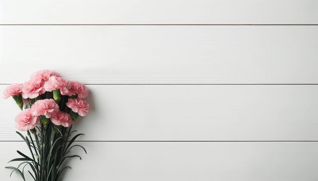 カーネーション　ネガティブスペース　白い木　板　フレーム　花束　リアル