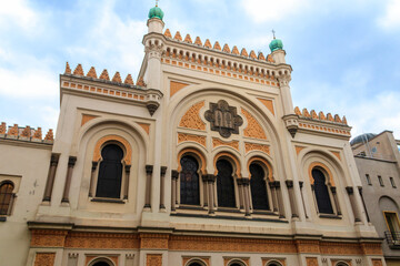 Fototapeta na wymiar Facade of Spanish Synagogue in the Josefov district, Jewish Quarter of Prague, in Czech Republic