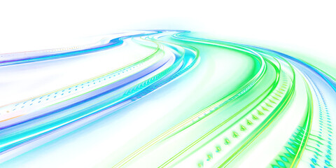 Abstract glowing light effect, curved lines in blue and green colors isolated on transparent png.
