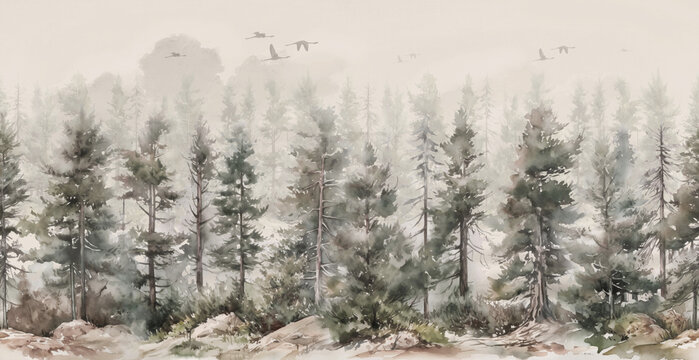 Wallpaper landscape pattern of pine trees with sky clouds and birds watercolor painting with a old beige background .