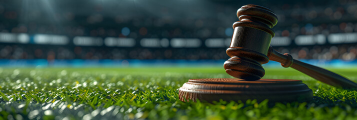 Gavel on grass in a stadium, symbolizing sports law and arbitration. Legal issues in sports concept. Design for discussion forum or law firm specializing in sports - obrazy, fototapety, plakaty