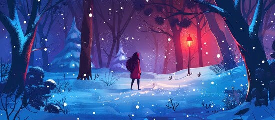 A woman in a crimson coat stands in the snowy forest surrounded by azure trees, creating a picture of vibrant winter entertainment