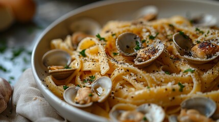 a white bowl filled with pasta and clams on top of a table next to a garlic and pepper shaker.