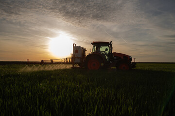 Tractor spraying pesticides wheat field. - 778728659