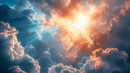  The sky is filled with clouds and the sun is shining through  - obrazy, fototapety, plakaty