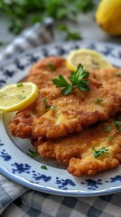 A traditional German schnitzel with lemon slices