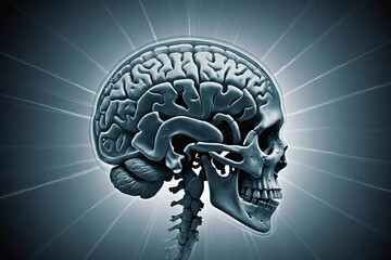 Illustration of the human brain superimposed over an x-ray of the skull - obrazy, fototapety, plakaty