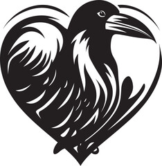 Fototapeta premium Ravens Solace Heart Vector Logo with Perched Bird Devotions Guardian Raven Perched on Heart Icon
