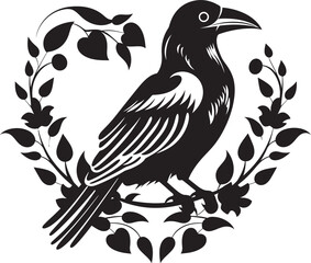 Fototapeta premium Ravens Affection Heart Symbol with Perched Bird Logo Eternal Devotion Raven Perched Vector Logo Design