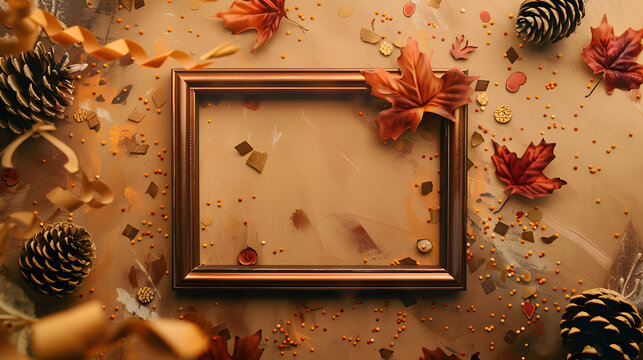 A photo of an empty copper picture frame surrounded by confetti and streamers in autumn colors like burnt orange