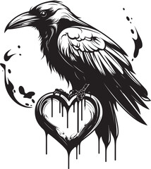 Fototapeta premium Devotions Guardian Raven Perched Vector Logo Design Wings of Affection Iconic Raven Symbol with Heart