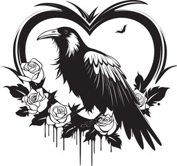 Naklejka premium Wings of Affection Iconic Raven Symbol with Heart Guardian of Love Heart Symbol with Perched Bird Icon