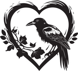 Naklejka premium Heartfelt Connection Raven Symbol with Heart Emblem Eternal Devotion Iconic Raven Perched Vector Logo