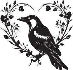 Fototapeta premium Ravens Embrace Heart Symbol with Perched Bird Logo Devotions Guardian Iconic Raven Perched Emblem