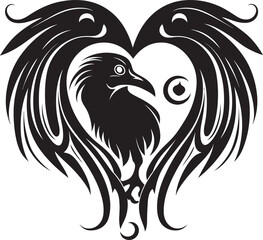 Naklejka premium Loves Watcher Raven Symbol with Heart Icon Ravens Embrace Heart Symbol with Perched Bird Logo