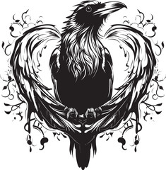 Naklejka premium Eternal Devotion Iconic Raven Perched Vector Logo Loves Watcher Raven Symbol with Heart Icon