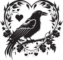 Fototapeta premium Heartfelt Raven Iconic Vector Logo Design Ravens Reverie Heart Vector Logo with Perched Bird