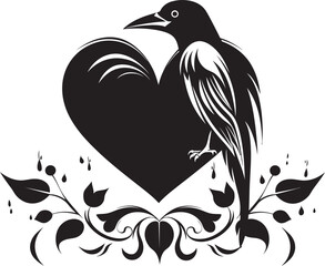 Fototapeta premium Ravens Affection Heart Symbol with Perched Bird Icon Devotions Guardian Raven Perched Vector Logo Design