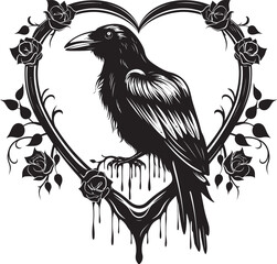 Fototapeta premium Guardian of Affection Iconic Raven Symbol with Heart Hearts Companion Raven Symbol with Perched Bird Vector Logo