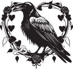 Naklejka premium Sentinel of Emotions Iconic Raven Symbol with Heart Heartfelt Connection Raven Symbol with Perched Bird Emblem
