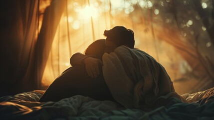 Cozy nest blanket, Gentle weight, Warmth like a hug, Wrapping in embrace, Offering reassurance, Photography, Soft backlighting, Vignette