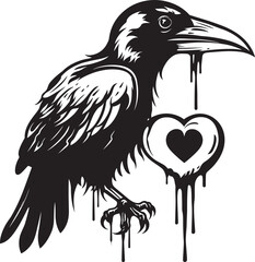 Fototapeta premium Ravens Rest Heart Vector Logo with Perched Bird Icon Raven Heartbeat Iconic Perched Bird Emblem